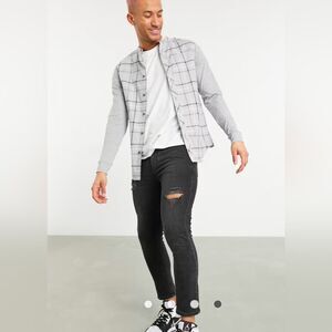 SikSilk flannel check grandad collar shirt contrast Gray Plaid Button-Up L